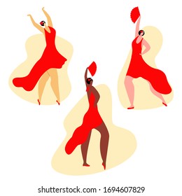 Vector flat set young, attractive women of different skin colors, nationalities performing the Habanera dance. Concept passionate feelings in art dance, rhythm. It can be used in banners, posters etc.