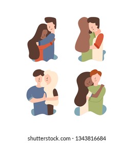 Vector Flat set of a young married couple hugging. Husband hugs his wife and the guy hugs his girlfriend. A man in a blue T-shirt holds a woman by the waist. An African American laid her head