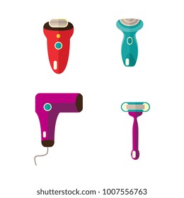 vector flat shaving, hair removal, epilation and depilation tools icon set. Electric epilator and shave, shaving razor, laser machine. Isolated illustration on a white background.