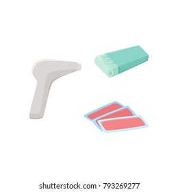 vector flat shaving, hair removal, epilation and depilation tools icon set. Electric epilator, laser machine and wax strips. Isolated illustration on a white background.