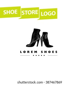 Vector flat shoe store logo design. Boots shop insignia template. Lady and gentleman style. Fashion and beauty industry.