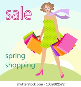 vector flat shopping lady on spring background 