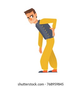 vector flat sick young man suffering from backache, back pain with angry face emotion holding his back by hand. Isolated illustration on a white background.