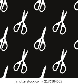Vector flat silhouette hand drawn seamless pattern with pairs of scissors 