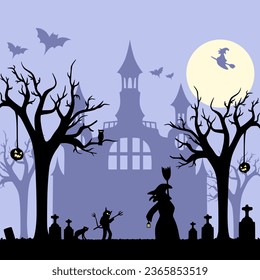 vector flat silhouette with witch and devil in front of haunted house by harris