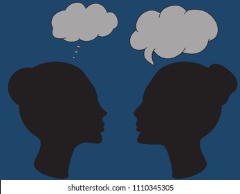 Vector flat silhouette of women profile with a speech bubbles on dark blue background