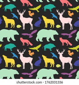 Vector flat silhouettes animals seamless pattern. Fox, hedgehog, squirrel, deer, hare, wolf, bear, wild boar and birds. Colorful animals on black background. Wrapping paper, print, page fill, web 