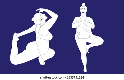 Vector flat silhouettes of isolated women. Pregnant woman doing Eka Pada Rajakapotasana Pigeon pose, high weight woman standing on one leg in Vrksasana. Concept of sport, healthy lifestyle