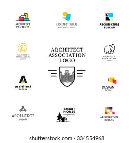 Vector flat simple architecture company logo collection isolated on white background. Geometric insignia for architect studio. House design bureau, home market brand mark. Town, apartment design.