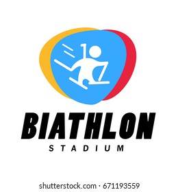 Vector flat simple vector biathlon championship emblem on white background. Winter sport logo design isolated. Human active sport athlete figure silhouette. Biathlete icon.