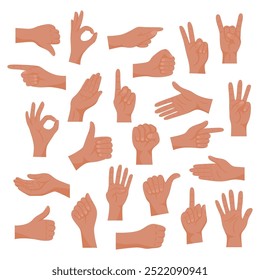 Vector Flat Simple Cartoon Hands in Different Gestures, Emotions and Signs Set, Isolated. Flat Colorful Hands, Simple Cartoon Style Hands Illustration. Hands Gestures Collection