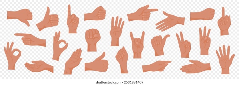 Vector Flat Simple Cartoon Hands in Different Gestures, Emotions and Signs Set, Isolated. Flat Colorful Hands, Simple Cartoon Style Hands Illustration. Hands Gestures Collection