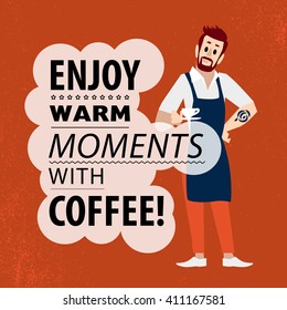 Vector flat simple friendly barista character portrait. Person icon isolated. Food industry illustration. Human icon. Profession man icon. Coffee maker with beard. Text message. Restaurant cafe people