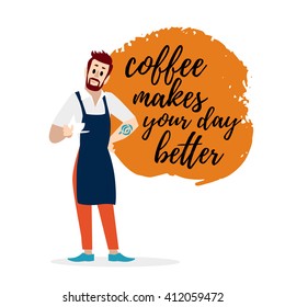 Vector flat simple friendly boy character isolated. Text message. Profession human icon. Person portrait. Barista with beard, coffee maker friendly cheerful portrait. Young attractive handsome man.