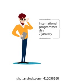 Vector flat simple friendly character isolated on white background. Text message. Profession human icon. Person portrait. Programmer with and beard glasses. Programmer day card. Code congratulation.