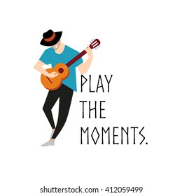 Vector flat simple friendly character isolated. Text message. Profession human icon. Person portrait. Musician icon. Man in hat, boy portrait. Music man standing with guitar. Guitarist, guitar player.