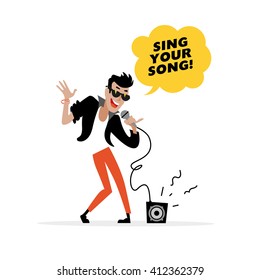 Vector flat simple friendly character isolated on white background. Text message, text bubble. Profession human icon. Person portrait. Singer icon, artistic show man, modern stylish young man singing.