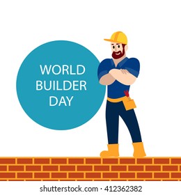 Vector flat simple friendly character isolated on white background. Profession human icon. Person portrait. Builder, worker icon. Worker, builder day card, congratulation. Man in helmet, uniform.