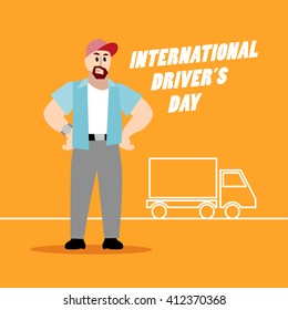 Vector Flat Simple Friendly Character Isolated On Yellow Background. Text Message. Profession Human Icon. Person Portrait. Driver Day Card. Driver Icon. Man In Hat. Truck Silhouette Icon. Man Icon.