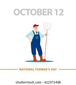 Vector flat simple friendly character isolated on white background. Text message. Profession human icon. Farmer day card. Person portrait. Old man in hat standing with pitchfork. Farmer icon. Man icon