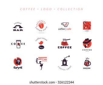 Vector flat simple hand drawn coffee logo collection isolated on white background. Beautiful coffee brand template. Cup, grain, bird icon. Good for coffee, tea store, shop. Cafe, restaurant insignia.