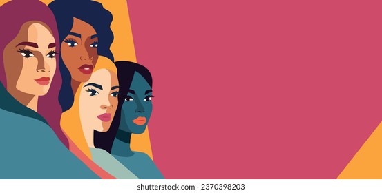 Vector flat simple horizontal banner for International Women's Day, women of different cultures and nationalities stand side by side. Vector concept for gender equality and women empowerment