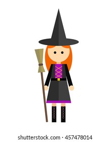 Vector flat simple illustration of girl with broom in witch coat