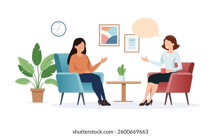 Vector flat simple illustration of two women sitting in armchairs talking - specialist consultation, therapy session, coaching or counseling