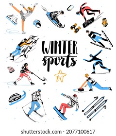 Vector flat, simple illustration of vertical postcard. There is lettering winter sports, ice skating, skiing, background snowflakes. Concept winter sports, clothing, equipment, competitions, holidays.