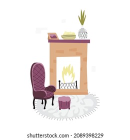 Vector flat, simple interior design illustration. A vintage armchair, footstool, brick fireplace with burning fire, vase with flowers, cookies, carpet are depicted. Concept comfort, home decoration.