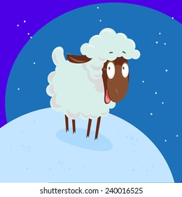 Vector flat simple portrait of smiling funny cute smiling friendly sheep standing at the snow. Animal domestic illustration. Baby book awesome illustration.