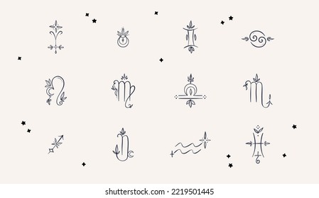 Vector flat and simple set of astrological signs with flowers and leaves isolated on white background. Hand drawing