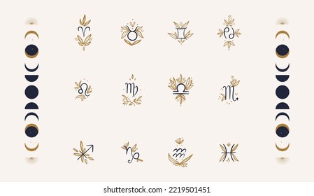 Vector flat and simple set of astrological signs with flowers and leaves isolated on white background. Hand drawing