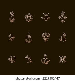 Vector flat and simple set of golden astrological signs with flowers and leaves on a dark background. Hand drawing