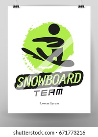 Vector flat simple snowboarding sport logo design isolated on white background. Human active winter sport athlete figure silhouette. Snowboard icon, competition emblem.