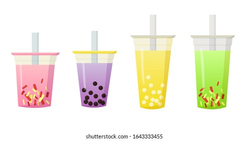 Vector flat simple stock illustration. Isolated set of 4 bubble tea cup. Pink violet yellow and green color tea with tapioca pearl and marmalade topping.