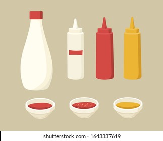 Vector flat simple stock illustration. Set of 8 isolated elements. Fast food sauce mayonnaise ketchup mustard. Saucer with seasonings,white red yellow bottle.