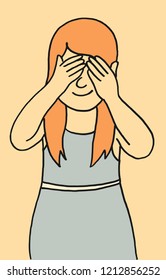 Vector flat and simple style illustration of a little smiling girl with her hands on her eyes playing hide & seek