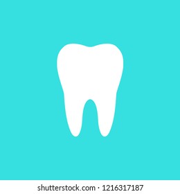 Vector Flat Simple Style Illustration Of A White Tooth Silhouette Icon Isolated On Blue Background - Medical, Dentist Related Graphic