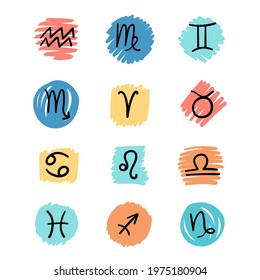 Vector flat and simple style illustration set of black Astrological signs isolated on bright background