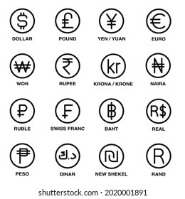 Vector flat and simple style illustration set of black world currencies signs isolated on white background. (Including yen sign and rupee sign)