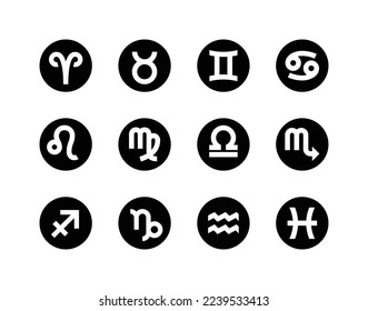 Vector flat and simple style illustration set of white Astrological signs on black circles isolated on white background