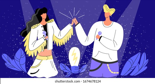 Vector flat with singers, male and female artists who give fives on stage. Burning lamp as symbol of idea. Concept collaboration, Duo, couple, friendship, team, joint creative work, collaboration