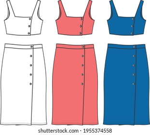 Vector flat sketch 2-piece dress designs for women colored with summer colors of 2021