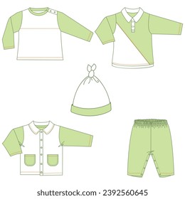 Esbozo vectorial plano de la ropa de bebé, VECTOR de diseño de moda para niñas y niños. Puede utilizarla como base en la colección, colorearla como desee y colocar su patrón de impresión. bebé