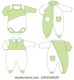 Vector flat sketch of baby clothes, fashion design VECTOR for baby girls and boys. You can use it as a base in your collection, color it however you want and place your print pattern. baby