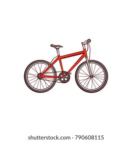 Vector flat sketch detailed modern bicycle, red mountain bike. Sport equipment object. graphic design or web design element. Isolated illustration on a white background