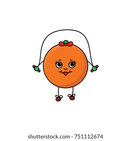 vector flat sketch fresh ripe orange female character with eyes, hands and legs jumping on skipping rope. Isolated illustration white background. Healthy vegetarian eating, dieting and sport lifestyle