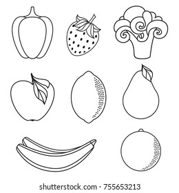 vector flat sketch fresh ripe fruits, vegetables set. Apple, lime bellpepper apple, watermelon pear, orange strawberry banana, broccoli monochrome versions. Isolated illustration for coloring book