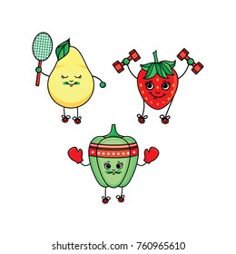 vector flat sketch fruits, vegetables characters with legs, hands and eyes doing sport set. Strawberry working out with dumbbells, pear playing badminton, bellpepper boxing. Isolated illustration.